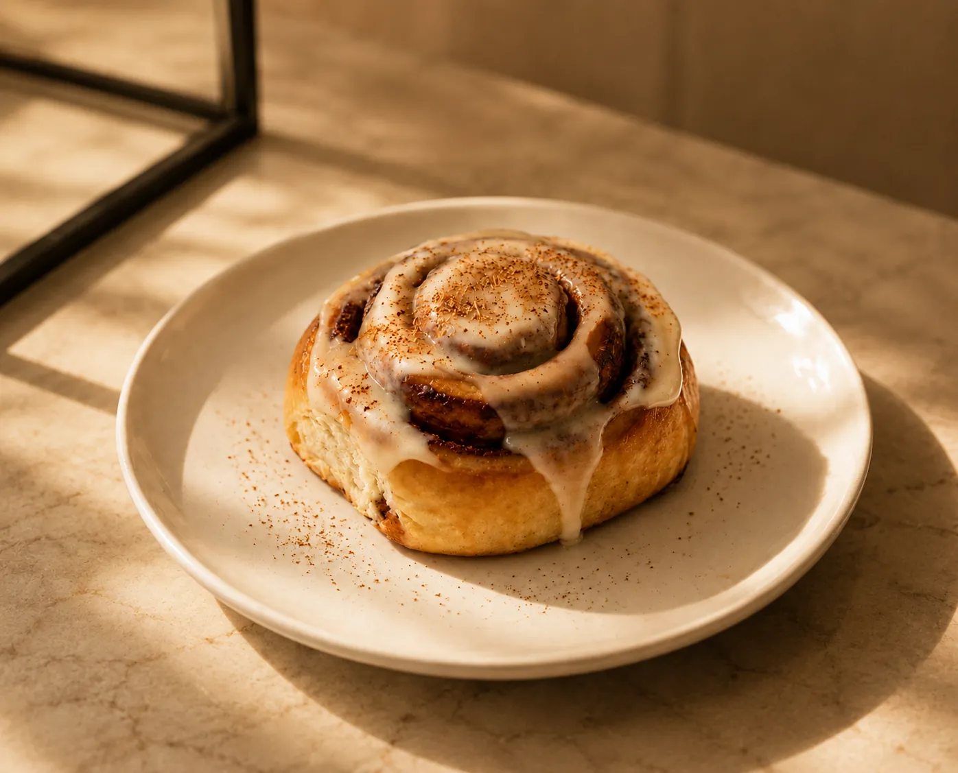 A freshly iced cinnamon roll arriving on a plate