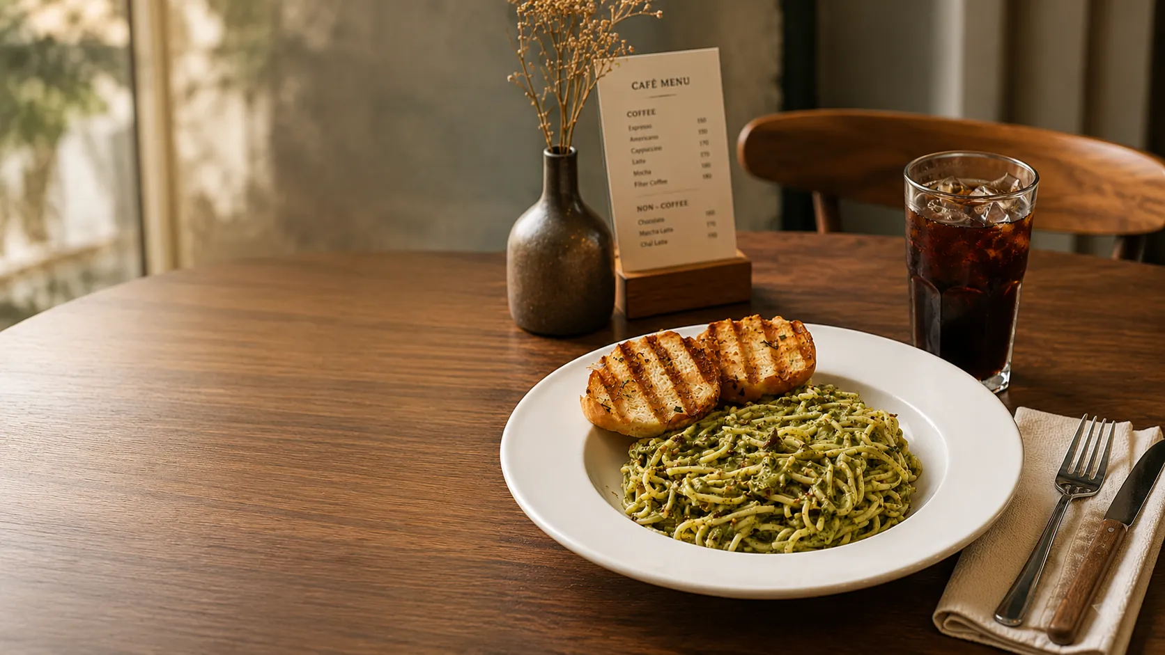 Basil pesto pasta with grilled sourdough on a café table